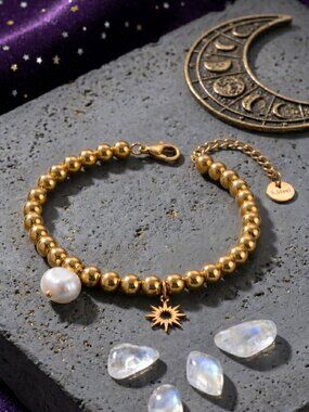 18K Gold Plated 316L Steel Beaded Bracelet Sun Charm Genuine Pearl Whimsigoth